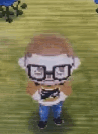 a cartoon character wearing glasses and a bow tie is standing in the grass