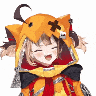 a girl wearing a yellow hat with a cross on it is smiling