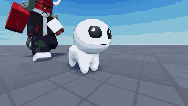 a cartoon character with horns is standing next to a small white cartoon character with black eyes