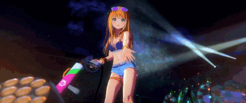 a girl in a bikini is standing in front of a spotlight with a canister that says ' sd ' on it