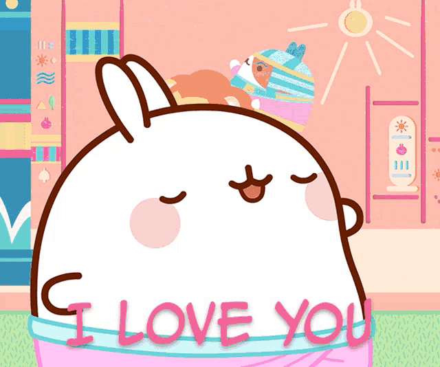 a cartoon bunny says i love you with a pink background