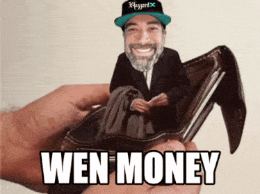 a man with a beard is holding an empty wallet with the words wen money on it