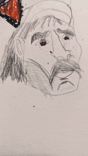 a drawing of a man 's face with a mustache and a hat on