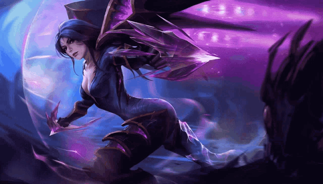 a woman with purple wings is holding a purple sword
