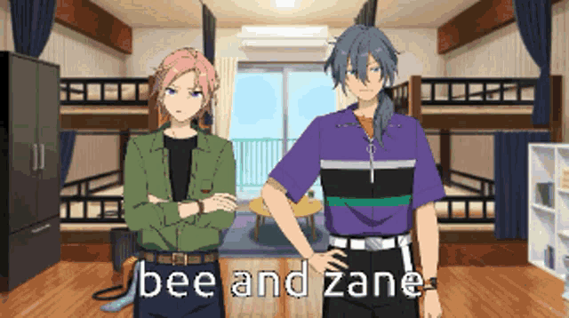 two anime characters standing in a room with the words bee and zane written on the bottom