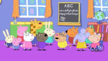 a group of peppa pig characters in a classroom