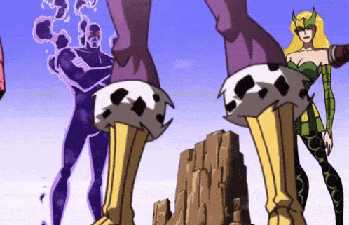 a group of cartoon characters are standing next to each other and one of them is a woman