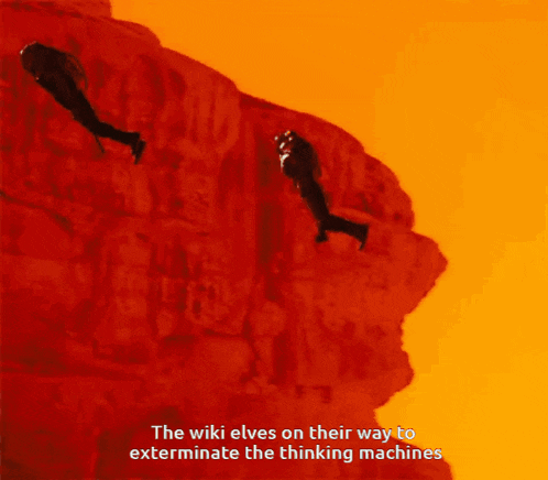 the wiki elves on their way to exterminate the thinking machines is written on a red background