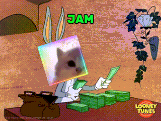 a cartoon of bugs bunny holding stacks of money with the word jam written above him
