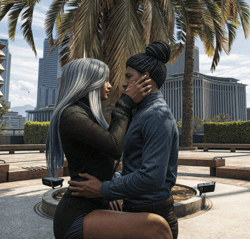 a man and a woman are kissing in front of a city skyline
