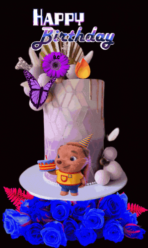 a happy birthday card with a teddy bear and a cake