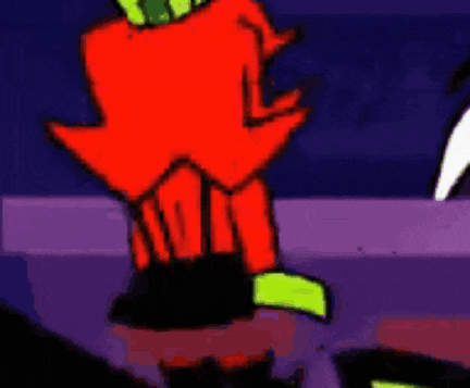 a cartoon character in a red and green outfit is standing on a stage .