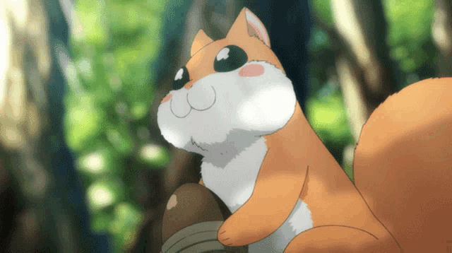 a cartoon squirrel is holding a nut and looking up