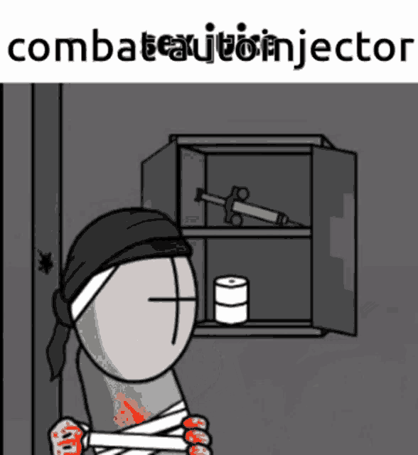 a cartoon character with a bandage on his neck is standing in front of a cabinet with a syringe on it