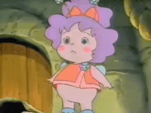 a cartoon character with purple hair and a bow