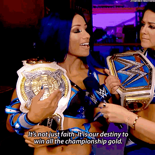 a woman holding a wrestling championship belt says it 's not just faith