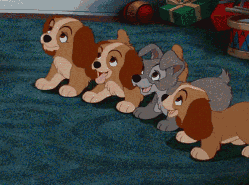 a group of cartoon dogs are standing next to each other on a carpet