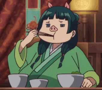 a cartoon character with a pig face is eating something with chopsticks
