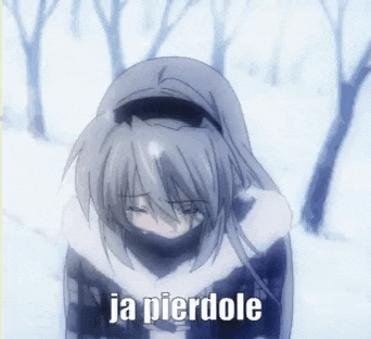 a sad anime girl is standing in the snow with trees in the background and crying .
