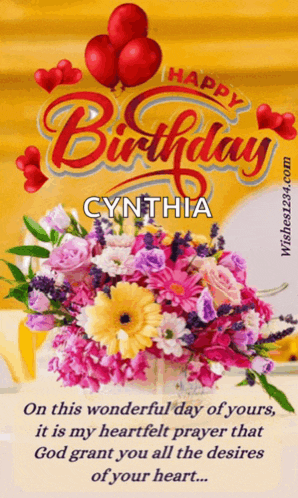 a happy birthday cynthia card with flowers and balloons