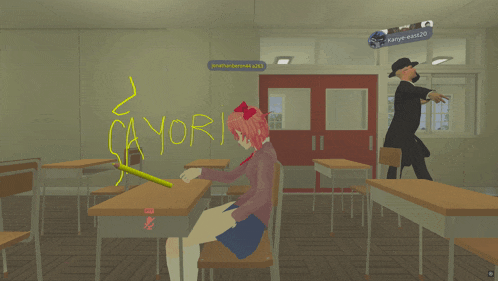 a computer generated image of a classroom with a sign that says ' kanye east ' on it
