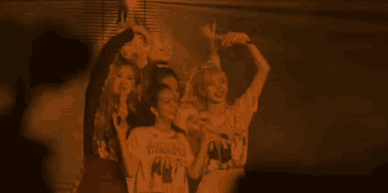 a group of women are standing next to each other in a dark room holding microphones .