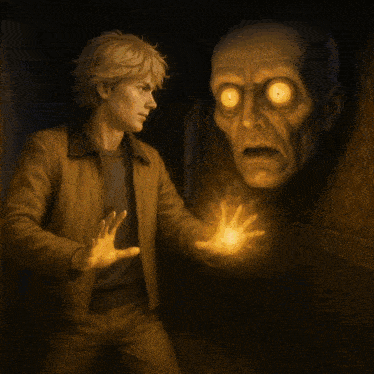 a painting of a man holding a light in front of a giant head