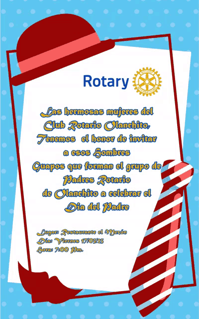 an invitation for a rotary event with a hat and tie on it