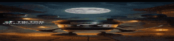 a space ship is sitting in a dark room with a glowing circle above it .