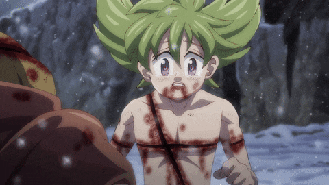 a cartoon character with green hair and blood on his body