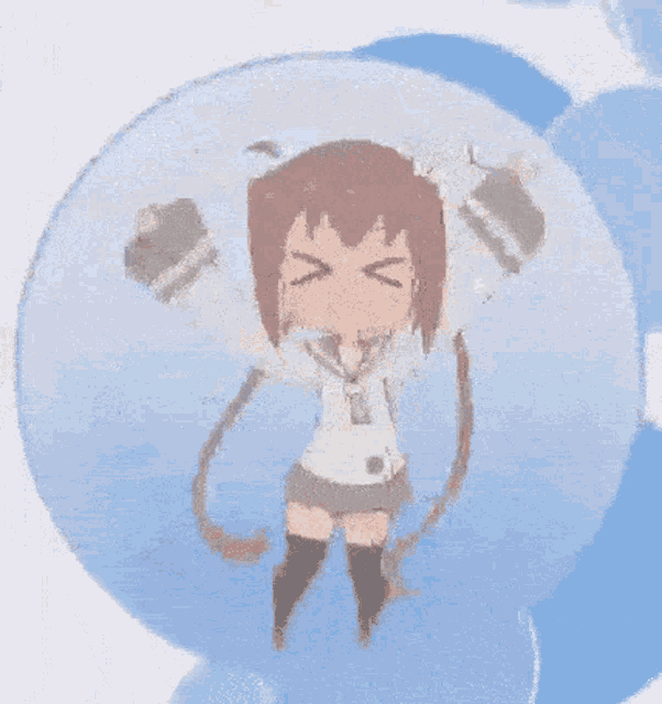 a cartoon girl is floating in a blue circle with her arms outstretched .