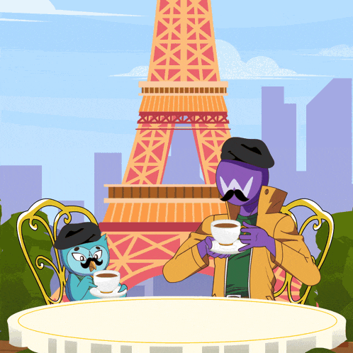 a man and a cat sit at a table drinking coffee with the eiffel tower in the background
