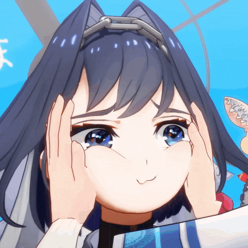 a close up of a girl 's face with her hands on her head