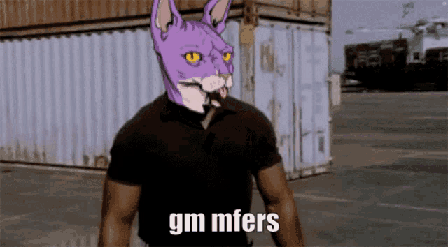 a man with a purple cat head and the words gm mfers