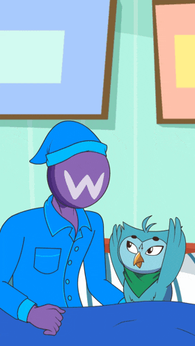 a cartoon character with a w on their face