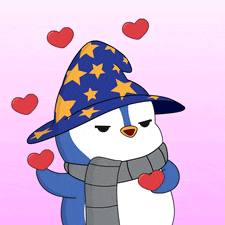 a penguin wearing a wizard hat and scarf surrounded by hearts