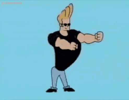 a cartoon character , johnny bravo , is dancing in front of a blue background .