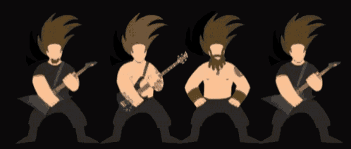 a cartoon drawing of four men playing guitars on a black background