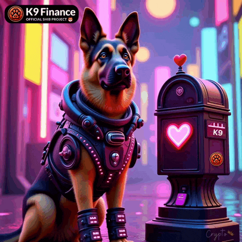 a german shepherd sitting next to a mailbox that says k9 finance on it