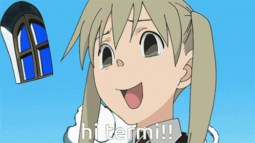 a cartoon of a girl saying hi termini with a window behind her