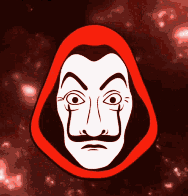 a drawing of a man 's face with a mustache and a red hood