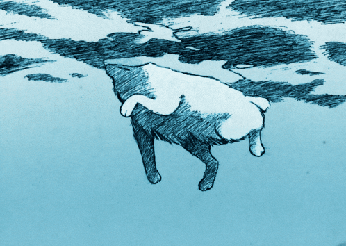 a drawing of a dog floating in the air with clouds in the background