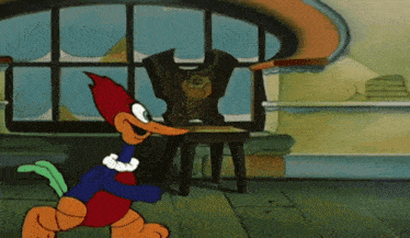 woody woodpecker in a room with a chair and a window