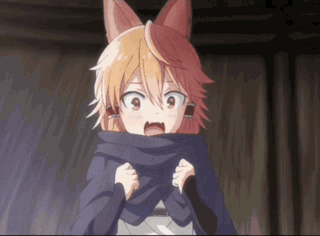 a girl with a scarf around her neck has a surprised expression on her face