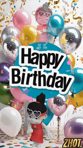 a happy birthday card with balloons and confetti and a doll