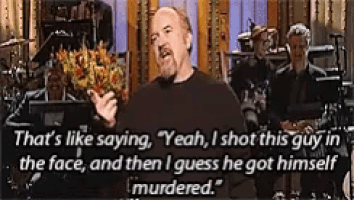 a man is holding a bouquet of flowers and saying " that 's like saying yeah i shot this guy