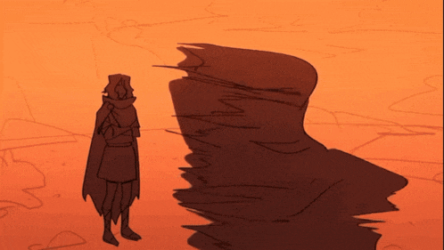 a drawing of a person standing in front of a large rock