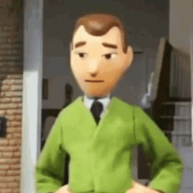 a cartoon man in a green jacket and tie is standing in a living room .