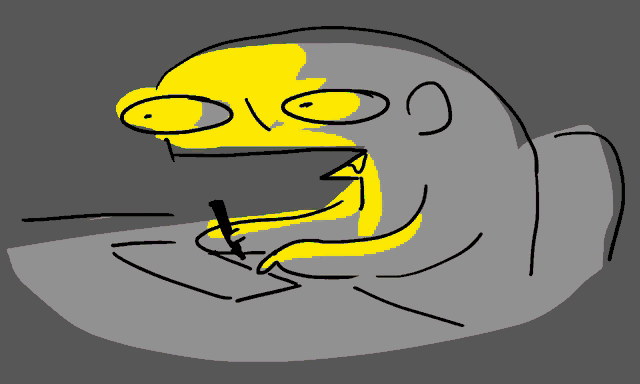 a drawing of a frog with a yellow face and a black pen