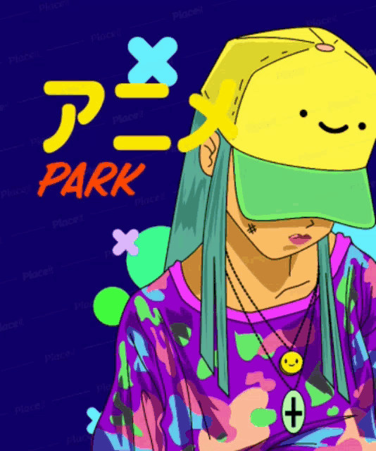 a cartoon of a girl wearing a hat with a smiley face on it and the words park on the bottom